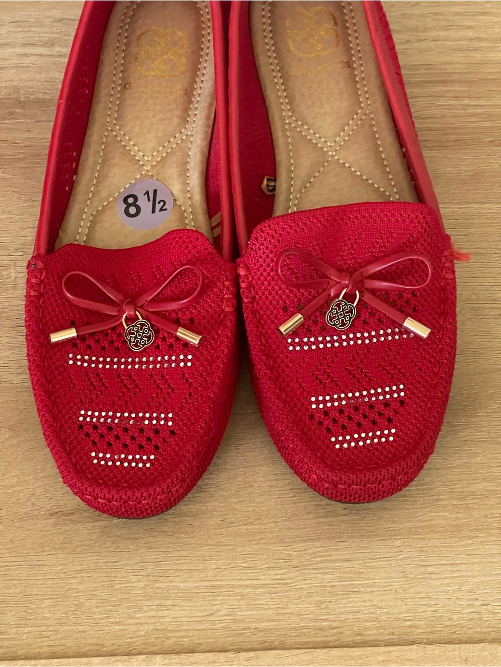 Women’s Red Knit Bow Loafers - Comfortable Slip-On Flats size 8.5